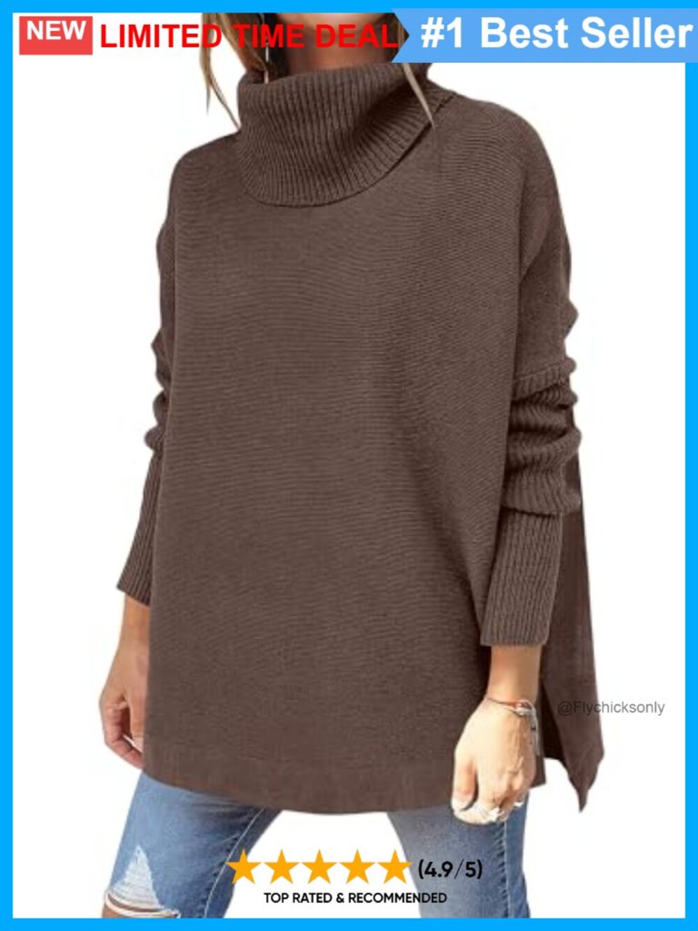 Oversized Turtleneck Sweater Batwing Sleeve High Low Pullover